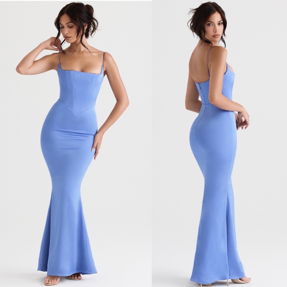 House of CB 'Olivette' Periwinkle Satin Corset Maxi Dress‎ NWOT size XS